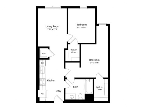 Floor plan for 2 beds, 1 bath, 789 sqft